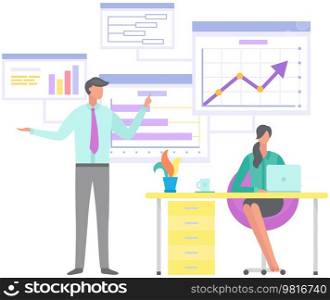 People analysing diagrams and bar chart on poster. Growth arrow and graphs with data on table. Marketing research results presentation. Colleagues discuss statistical indicators, business statistics. People analysing diagrams and bar chart on poster. Colleagues discuss statistical indicators