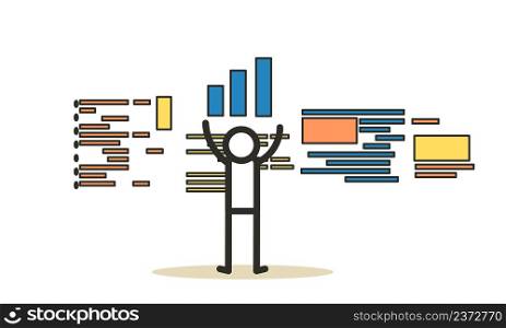 People analysis data commerce. Vector employee man and woman with computer and bar. Business illustration concept character teamwork office background. Team cooperation career banner. Plan diagram job