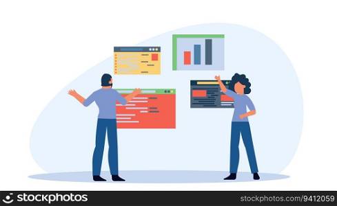 People analysis data commerce. Vector employee man and woman with computer and bar. Business illustration concept character teamwork office background. Team cooperation career banner. Plan diagram job