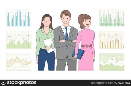People analyzing business information vector, infocharts and infographics with visual explanation, coworkers with papers and documents reports flat style. Teamwork, People with Information Analyzing Job