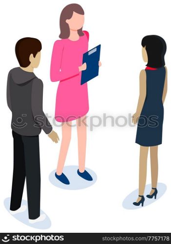 People analyzing financial data. Colleagues discuss at business meeting vector illustration. Characters communicate isolated on white background. Employees at meeting discussing company affairs. People analyzing financial data. Colleagues discuss at business meeting vector illustration