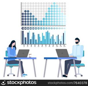 People analyzing financial growth and statistics, investor investigate market of sales and buys. Vector financial analyticswork at computers boards with charts. People Analyzing Financial Growth and Statistics