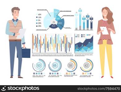 People analyzing information vector, woman and man on meeting with papers and briefcase, pie diagram and charts giving statistics on project development. Business People with Infocharts and Graphics Set