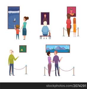 People and arts. Men women kids in museum, artistic exhibition vector illustration. Woman and man on art exhibition, gallery culture. People and arts. Men women kids in museum, artistic exhibition vector illustration