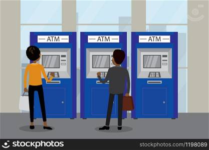 People and ATM bank terminals,human back view,bank interior,flat vector illustration