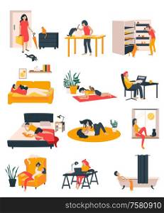 People and cats at home icons set with care symbols flat isolated vector illustration
