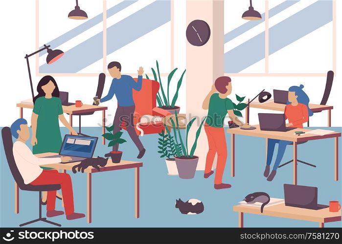 People and cats at work with comfort symbols background flat vector illustration