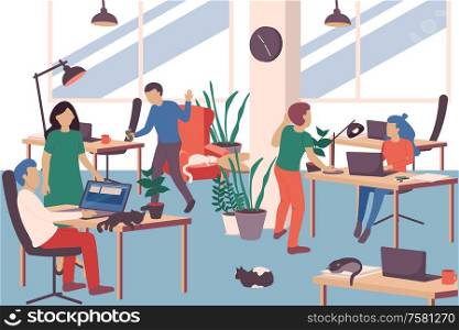 People and cats at work with comfort symbols background flat vector illustration