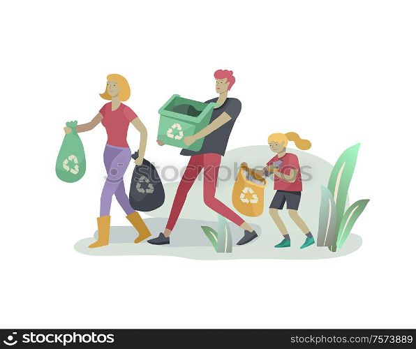 people and children Recycle Sort organic Garbage in different container for Separation to Reduce Environment Pollution. Family with girl collect garbage. Environmental day vector cartoon illustration. people and children Recycle Sort organic Garbage in different container for Separation to Reduce Environment Pollution. Family with girl collect garbage. Environmental day vector cartoon
