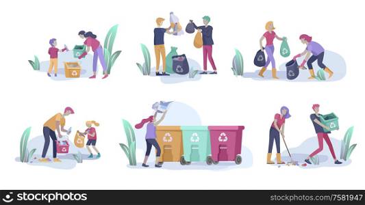 people and children Recycle Sort organic Garbage in different container for Separation to Reduce Environment Pollution. Family with kids collect garbage. Environmental day vector cartoon illustration. people and children Recycle Sort organic Garbage in different container for Separation to Reduce Environment Pollution. Family with kids collect garbage. Environmental day vector cartoon