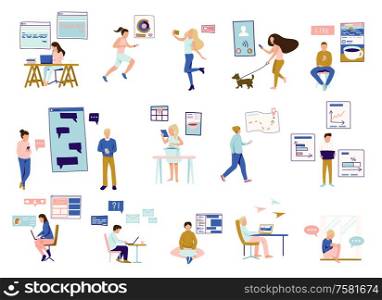 People and gadgets icons set with virtual communication symbols flat isolated vector illustration