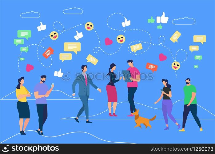 People and Gadgets on Blue Background with Outline Elements and Social Media Icons. Teenagers, Young People, Adults Using High Technology, Mobile Phones, Pad, Laptops. Cartoon Flat Vector Illustration. People and Gadgets on Blue Background with Icons