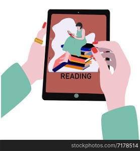 People and gadgets. Reading books concept on a screen of a tablet. Female hand holding a gadget. illustration. Reading books concept on a screen of a tablet.