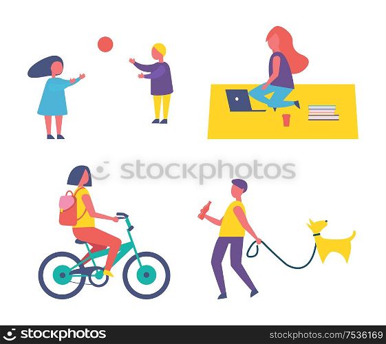 People and hobbies icons set vector. Woman riding bicycle, children playing volleyball with ball. Freelancer on blanket using laptop, man walking dog. People and Hobbies Icons Set Vector Illustration