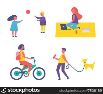 People and hobbies icons set vector. Woman riding bicycle, children playing volleyball with ball. Freelancer on blanket using laptop, man walking dog. People and Hobbies Icons Set Vector Illustration