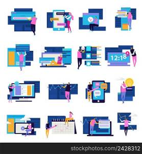 People and interfaces flat icons collection of isolated people and electronic device screens with windows and pictograms vector illustration. People Apps Icon Set