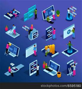 People and interfaces isometric icons collection with isolated conceptual icons electronic gadgets human characters and pictograms vector illustration. People Interfaces Isometric Set