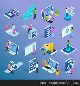 People and interfaces isometric icons collection with isolated conceptual icons electronic gadgets human characters and pictograms vector illustration. People Interfaces Isometric Set