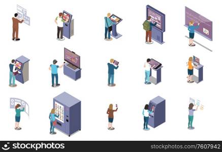 People and interfaces isometric set of electronic gadgets used in business education and commerce isolated vector illustration