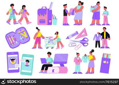 People and kids buying various school supplies flat icons set isolated on white background vector illustration