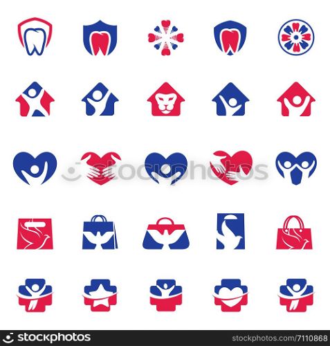 People and kids care logo designs, hospital and dental symbols, hand bag, bird, lion vector icons collection. Charity, peace and love logos set illustration.