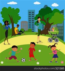 People and kids in park ,cartoon vector illustration. People and kids in park