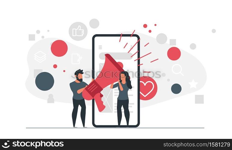 People and Mobile Marketing. A man and a woman with a loudspeaker are standing near a mobile phone. Online product promotion concept vector illustration