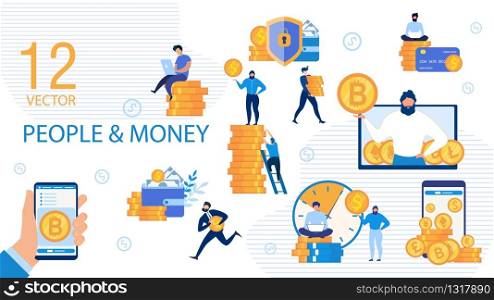 People and Money, Cryptocurrency Trading Mobile Application Trendy Flat Vector Isolated Concepts Set. Businessman, Male Entrepreneur Characters Carrying Golden Coin, Working on Laptop Illustration