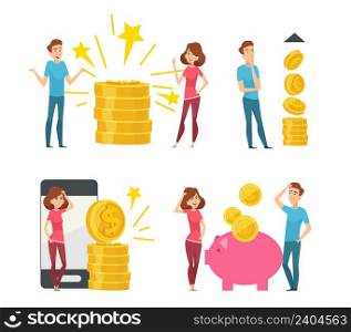 People and money. Investments, gold coins and young businessman. Thoughtful characters, piggy bank and online banking vector scenes. Illustration of people investment and earnings. People and money. Investments, gold coins and young businessman. Thoughtful characters, piggy bank and online banking vector scenes