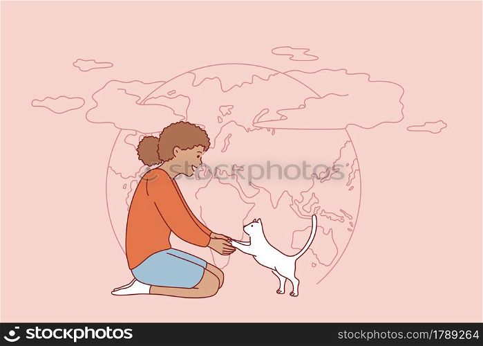 People and nature, save earth concept. Small positive black girl sitting with little white cat kitten and planet earth on background vector illustration . People and nature, save earth concept