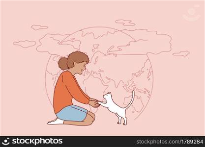 People and nature, save earth concept. Small positive black girl sitting with little white cat kitten and planet earth on background vector illustration . People and nature, save earth concept