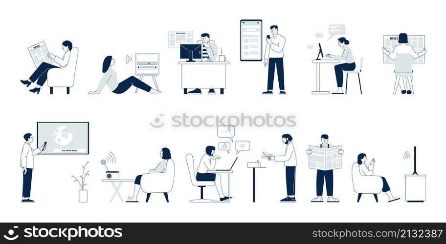People and news. Person read newspaper, digital radio information flow. Flat characters using gadgets, listen and watching media, recent vector set on white. People and news. Person read newspaper, digital radio information flow. Flat characters using gadgets, listen and watching media, recent vector set