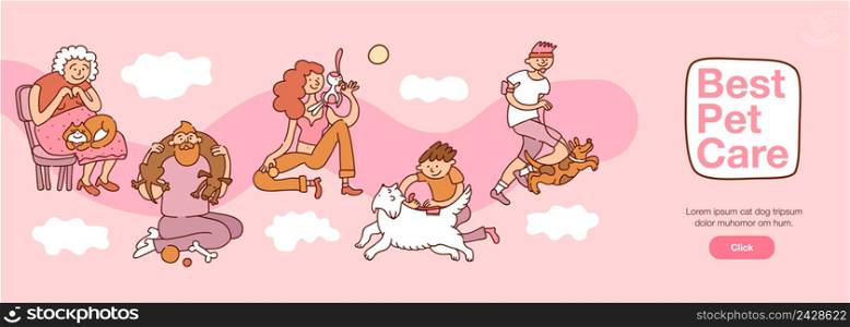 People and pets interaction with best pet care symbols horizontal flat vector illustration. People And Pets Interaction Illustration