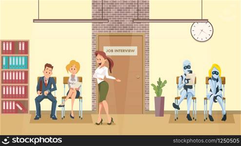 People and Robot Queue at Door in Office Corridor. Job Interview. Human Resource and Modern Technology Hire. Artificial Intelligence Recruitment. Workplace Hallway. Flat Cartoon Vector Illustration. People and Robot Queue at Door in Office Corridor