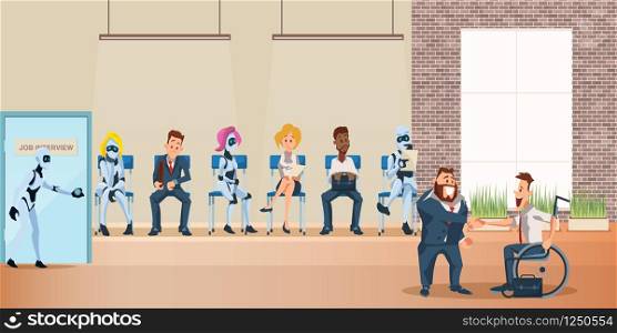 People and Robot Queue for Job Interview at Office. Human Resource and Modern Technology Hire. Artificial Intelligence Recruitment. Businessman Shake Hand. Flat Cartoon Vector Illustration. People and Robot Queue for Job Interview at Office