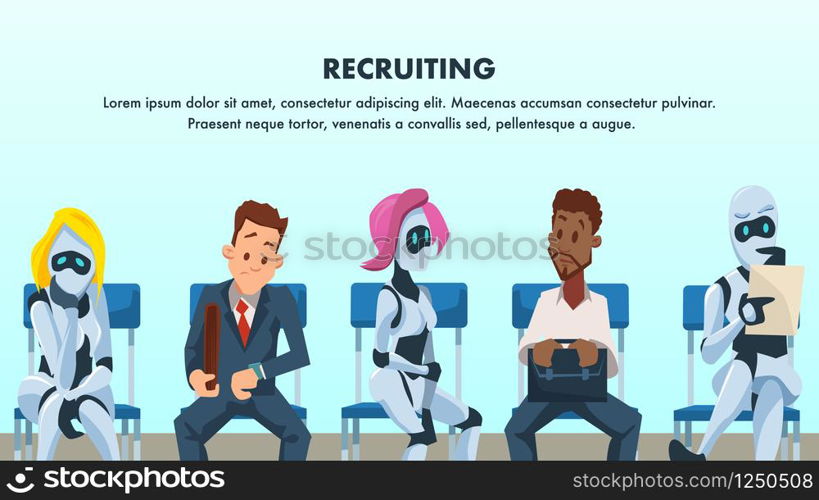 People and Robot Sit in Queue for Job Interview. Human Resource and Modern Technology Hire. Artificial Intelligence Recruitment. Worried Businessman in Suit. Flat Cartoon Vector Illustration. People and Robot Sit in Queue for Job Interview