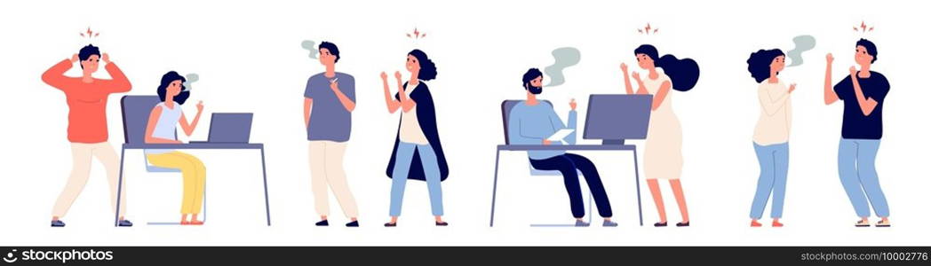 People angry with smokers. Bad habit, smokers and non-smoking people. Vector male female characters smoker in office illustration. People angry with smokers. Bad habit, smokers and non-smoking people. Vector male female characters