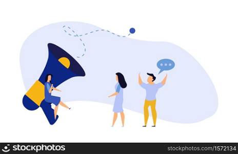 People announce advertising with megaphone vector illustration. Awareness focus loud speaker man and woman. Business banner marketing group media. Speech news promotion network leadership poster