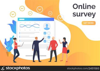 People answering online survey. Computer, poll, online test. Online survey concept. Vector illustration can be used for presentation slides, web pages, layouts