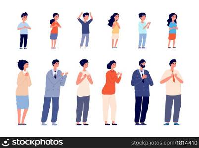 People applauding. Woman clapping, thankful business man and kids. Smiling persons support together with applause utter vector characters. Illustration business man and woman clapping. People applauding. Woman clapping, thankful business man and kids. Smiling persons support together with applause utter vector characters