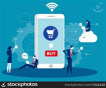 People are around a huge smartphone buying some at online store. Concept business technology vector illustration. Technology, Network & Connection.