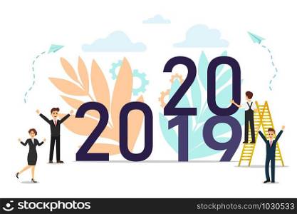 people are preparing for the new year, are engaged in decoration, the inscription New Year 2020. Vector illustration.
