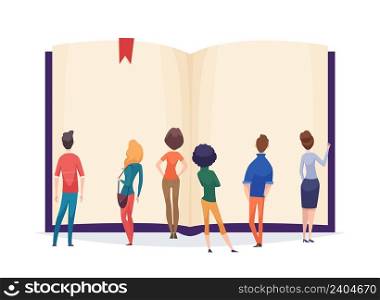 People are reading a giant book. Crowd stand in front blank books sheets. Info or FAQ vector concept. Illustration of woman and man read book. People are reading a giant book. Crowd stand in front blank books sheets. Info or FAQ vector concept