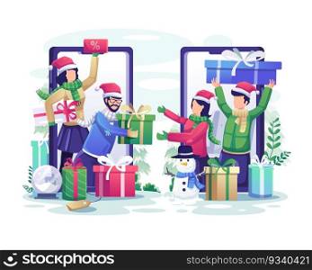 People are sharing Christmas gifts with each other via online smartphones to celebrates Christmas and the new year. vector illustration