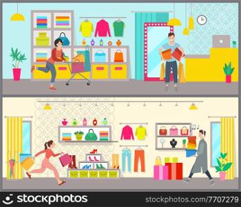 People are shopping in a boutique. Young handsome guy with colorful boxes. Woman with bags in the shopping cart. Male character with headphones is going with boxes. Girl running after purchases. People are shopping in a fashion boutique. Buyers with purchases spend free time in the mall
