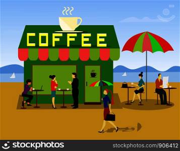 People are sitting and resting, drinking coffee. At the green coffee shop With sea and blue sky as the background