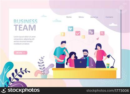 People are working together on new project. Collective joint work. Landing page template on business team theme.Teamwork, development, coworking and office situations. Flat vector illustration. People are working together on new project. Collective joint work. Landing page template on business team them
