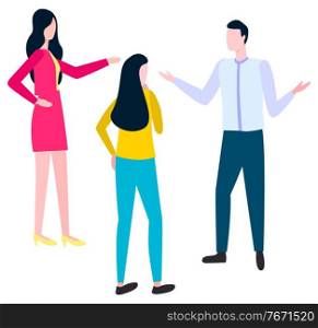People arguing how to write business plan. Vector woman in pink dress, female in blue jeans and yellow skirt and man office worker isolated brokers or adents. People Arguing How to Write Business Plan. Vector