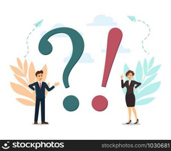 people around exclamations and question marks, metaphor question answer. Vector illustration