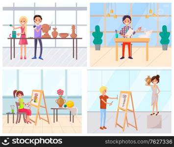People art education, making application, painting and crafting. Handmade hobby of man and woman, worker drawing, cutting and sculpting indoor vector. Flat cartoon. Modern office or art school. Handmade Hobby, Man and Woman Art Education Vector